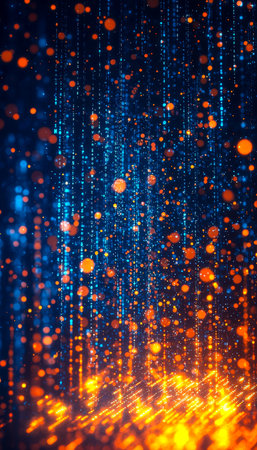 Dynamic visualization of a high-tech data flow featuring luminous blue and orange particles interwoven with vibrant light accents, suggesting advancedの写真素材