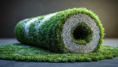 A detailed shot of a compact, lush synthetic turf roll resting on a dark backdrop, perfect for outdoor decor, landscaping ideas, or sports ground setuの写真素材