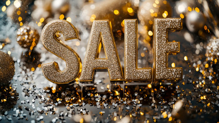 Brightly shimmering "sale" message surrounded by colorful ornaments, tinsel, and glitter, creating a joyful atmosphere for festive shopping promotionsの写真素材