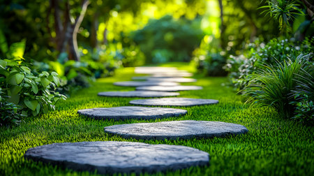 A winding stone trail means through vibrant greenery and blooming foliage, evoking tranquility and natural elegance in a picturesque garden settingの写真素材