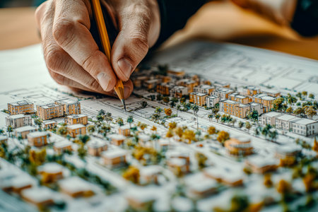 An architect analyzes a crafted city model, highlighting meticulous detail in urban layout and landscape elements for future planning projects.の写真素材