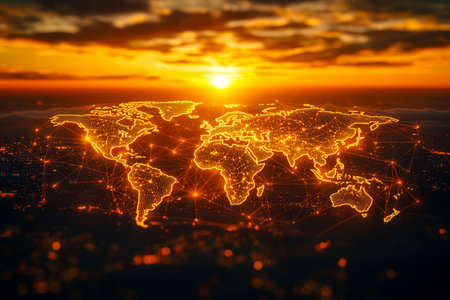 A glowing digital map of the world highlights global connectivity, with bright network pathways set against a warm sunset backdrop, evoking innovationの写真素材