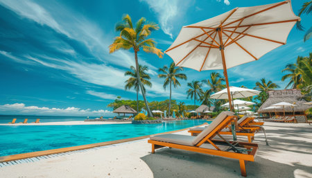 Luxurious beach resort with swimming pool, beach chairs, palm trees, and breathtaking ocean viewsの写真素材