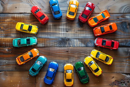 Colorful toy car collection in childrens play room for interactive and imaginative playtime activitiesの写真素材