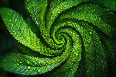 Delicate fern fronds glisten with tiny water beads forming a mesmerizing spiral, capturing nature's freshness and intricate beauty up close.の写真素材