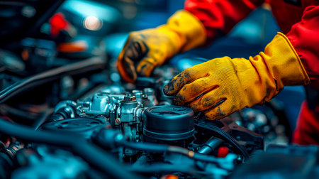 A skilled technician wearing bright yellow gloves inspects and tunes a vehicle?s intricate engine within a busy workshop atmosphere.の写真素材