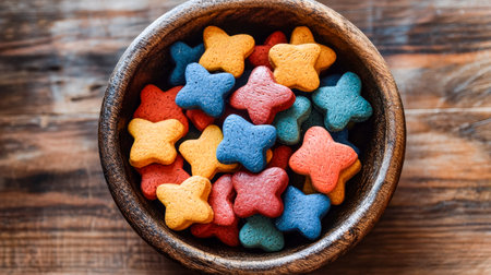 Bright, star-shaped confections in a natural wooden dish rest on a textured, vintage table, evoking a warm, cheerful, and nostalgic mood suitable forの写真素材