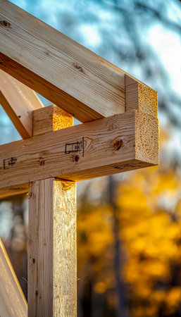 Weathered wooden beams contrast with vibrant fall foliage in a detailed close-up, evoking warmth and...