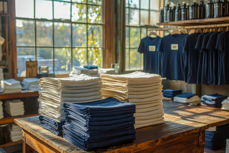 Colorful, crisply folded tees are displayed in order on a weathered wooden surface, creating a cozy,...