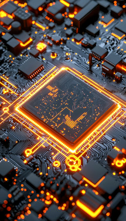 A detailed macro shot highlighting a glowing microcontroller pad with vibrant orange accents, showing advanced electronics craftsmanship and innovaの写真素材