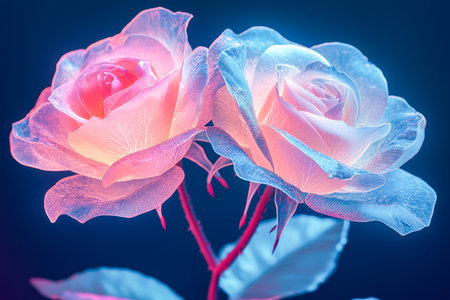 Soft pastel roses emit a gentle glow, their luminous petals contrasting against a dark backdrop, creating a dreamy, romantic ambiance.の写真素材