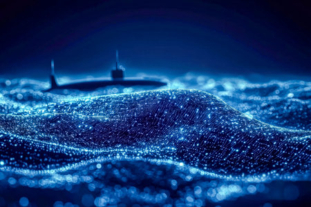 An sci-fi scene of an illuminated blue digital sea with a sleek submarine navigating through vibrant...