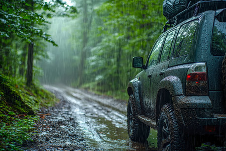 A rugged vehicle splashes through a leaf-strewn wet forest path under gray skies, showcasing resilience in challenging terrain and moody adventure amの写真素材