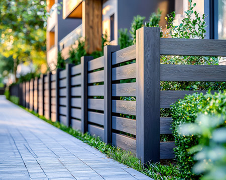 A contemporary wooden barrier lines a smooth walkway, surrounded by vibrant foliage, creating a tranquil urban garden scene perfect for lifestyle or dの写真素材