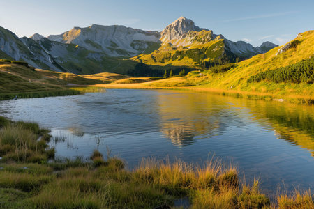 Sunset at zittauerhuette refuge, beautiful mountain lake in pinzgau, salzburg, austria, europe