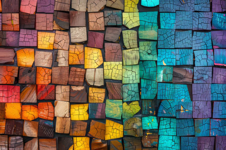 Colorful wood veneer mosaic tiles abstract background, scaled texture for design projects