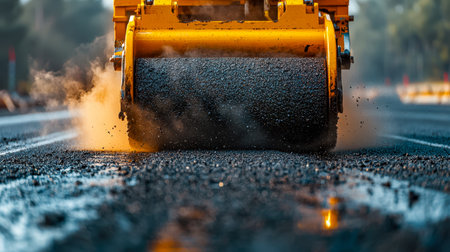 Heavy machinery smoothing freshly laid blacktop on a busy highway, capturing the focus on...