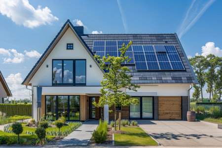 Modern suburban house with photovoltaic system, solar panels, and landscaped yardの写真素材
