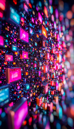 A luminous composition of shifting neon hues and radiant light streaks creates a high-tech,...