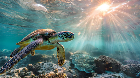 Colorful marine life and sea turtle in vibrant ocean floor habitat, high-quality underwater photoの写真素材