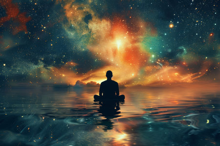 Man meditating under stars, full moon, milky way in colorful night sky with falling star