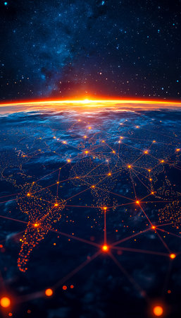 A breathtaking scene showing Earth's curved silhouette at dusk, overlaid with glowing digital connections and a shimmering star-studded sky.の写真素材