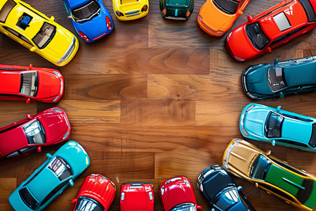 Colorful toy car collection in a circle at childrens playroom for imaginative playtimeの写真素材