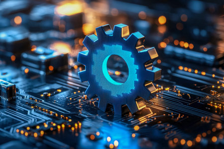 A sleek metallic emblem resembling a gear, embedded within a vibrant digital circuit matrix...