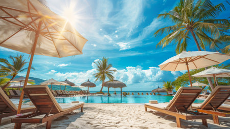 Luxury beach resort with swimming pool, beach chairs, palm trees, and relaxing vacation backgroundの写真素材