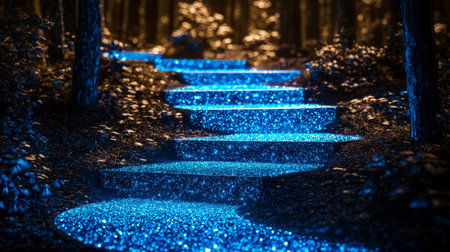 A mystical trail lit by vibrant blue lights winds through a shadowy forest under a starless night...