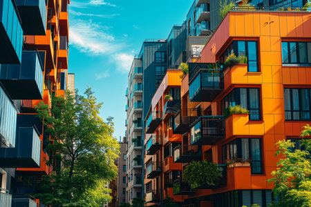 Sunny day. modern city apartments in a green residential area with urban living among natureの写真素材