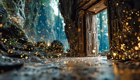 Enchanting woodland with luminous insects surrounding a weathered timber portal nestled within a verdant, moss-clad rocky alcove, evoking mystery andの写真素材