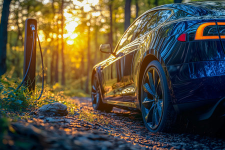 A sleek electric car connected to a charging station amid lush trees, bathed in warm sunset light that highlights harmony with nature.の写真素材