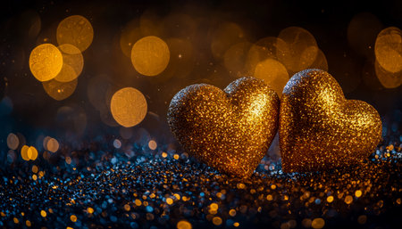 Luminous gold heart charms rest on a shimmering surface, illuminated by soft, colorful bokeh lights creating a romantic and festive atmosphere.の写真素材
