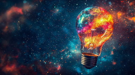 A luminous glass bulb reveals a vibrant fiery galaxy within, casting a radiant glow against a vast...