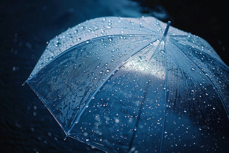 Transparent umbrella under rain against water drops splash background. Rainy weather concept.の写真素材