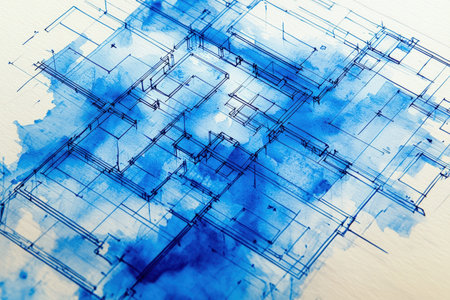 A detailed technical drawing of a building plan layered with vivid blue watercolor highlights,...