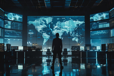 Man in industrial control room with global cyber schemes and masked crime patterns