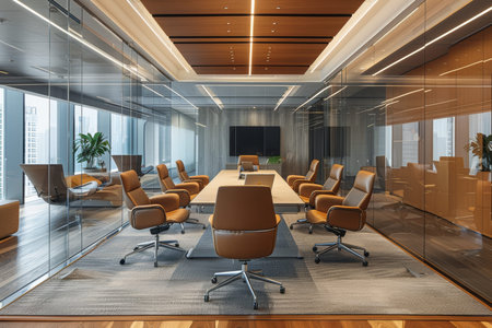 Expansive conference room with glass desk and numerous chairs, suitable for large meetings