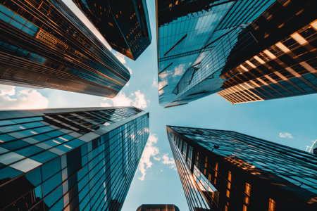 Gleaming modern cityscape with skyscrapers and business office buildings in an urban metropolisの写真素材