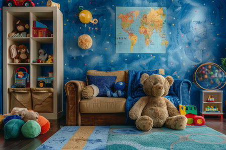 Classic toys playroom studio backdrop for child photo shoot with vintage wooden and handmade toysの写真素材