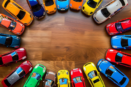 Colorful toy car collection arranged in a circle in a childrens playroom, top viewの写真素材