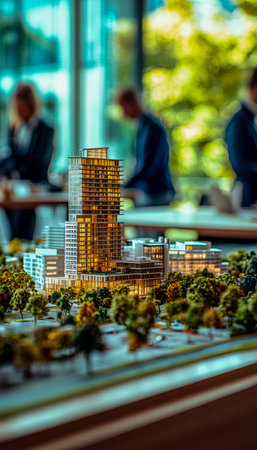 A detailed miniature of a sleek, contemporary high-rise amid lush landscaping, highlighting urban innovation and sustainable design in a professionalの写真素材