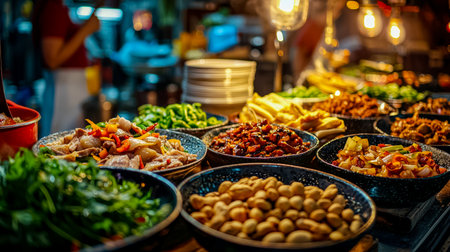 A vibrant spread of Asian cuisine with colorful dumplings, stir-fries, and sushi, illuminated by warm ambient lighting on a bustling evening buffet.の写真素材