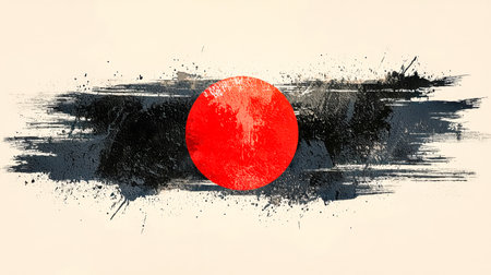 A dynamic composition featuring bold black brush strokes forming an abstract pattern, accentuated by a vivid red circle at the core on a subtle lightの写真素材
