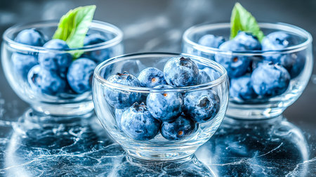 Juicy, ripe blueberries nestled in elegant glass bowls, showcasing their vibrant color against a sleek marble backdrop, perfect for culinary or healthの写真素材