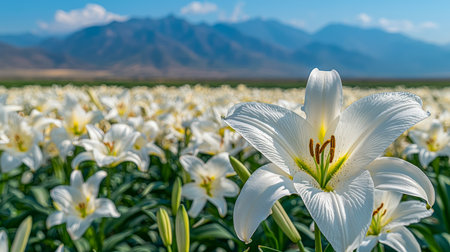 Endless white lilies unfurl amidst a sprawling meadow, with majestic mountain peaks rising under a clear, serene sky.の写真素材