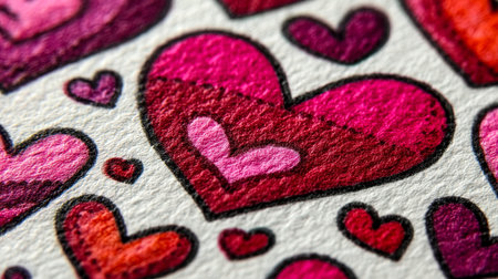 Vibrant handmade hearts with intricate embroidery adorn soft fabric, creating a cheerful, cozy mood...