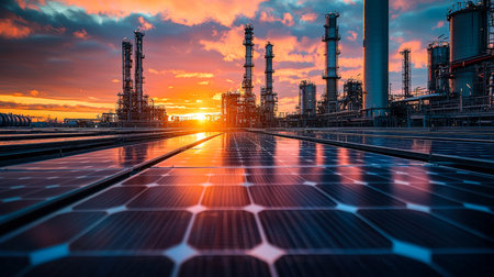 Bright solar panels gleam against a vibrant sunset sky, set amidst a robust industrial complex with towering refineries under a moody, clouded horizonの写真素材