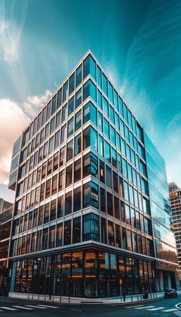 Modern high-rise building with symmetrical glass panels in bustling urban city skyline